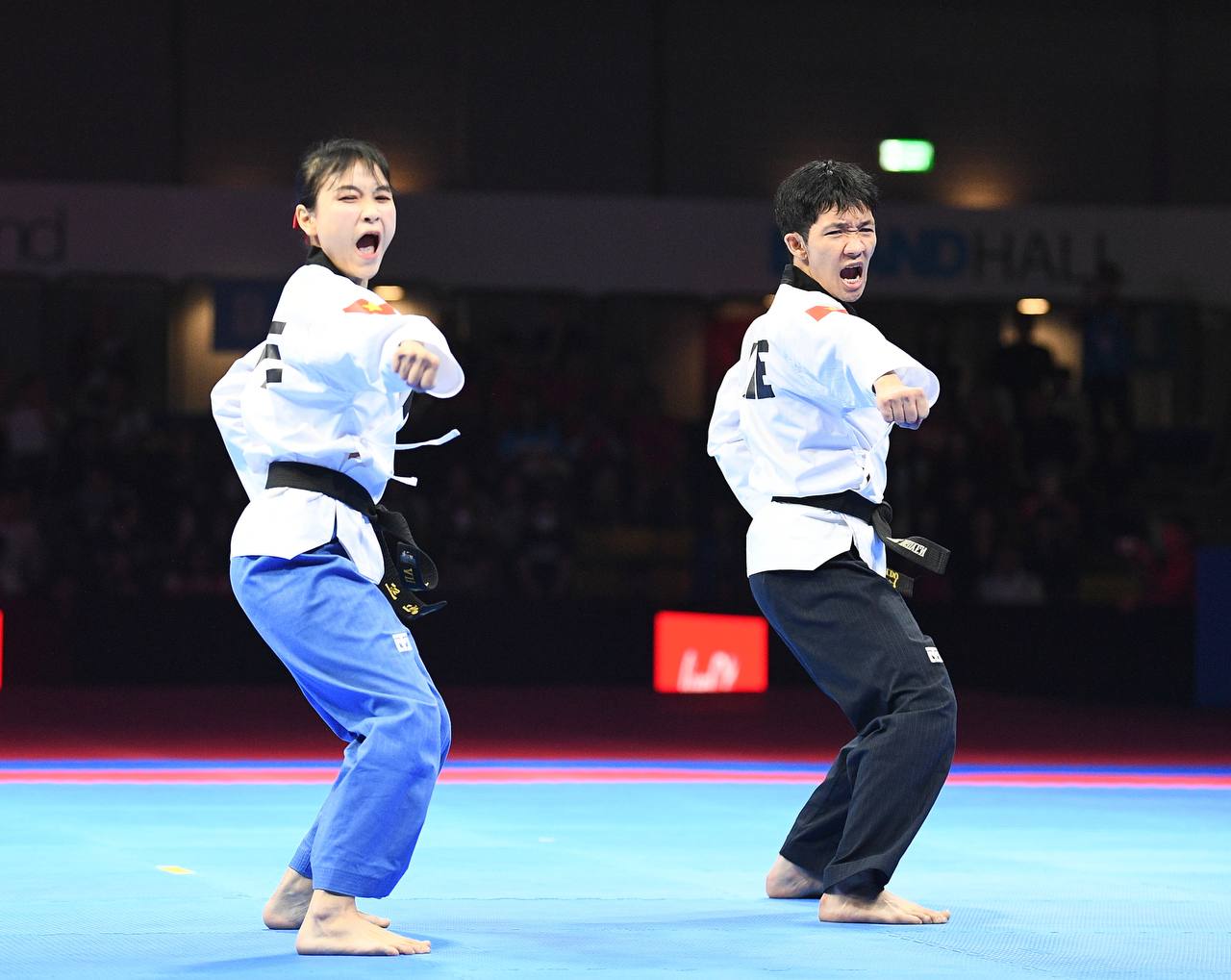 Trai tài gái giỏi Taekwondo Việt Nam ôm nhau bật khóc, vỡ oà cảm xúc khi thắng Thái Lan ở bán kết SEA Games 33- Ảnh 1. Bộ đôi VĐV Taekwondo Việt Nam trước trận bán kết
